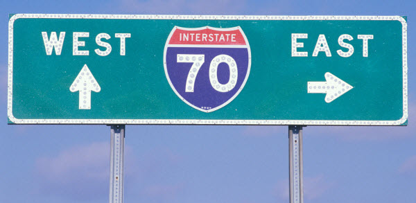 interstate 70 west and east road sign in maryland